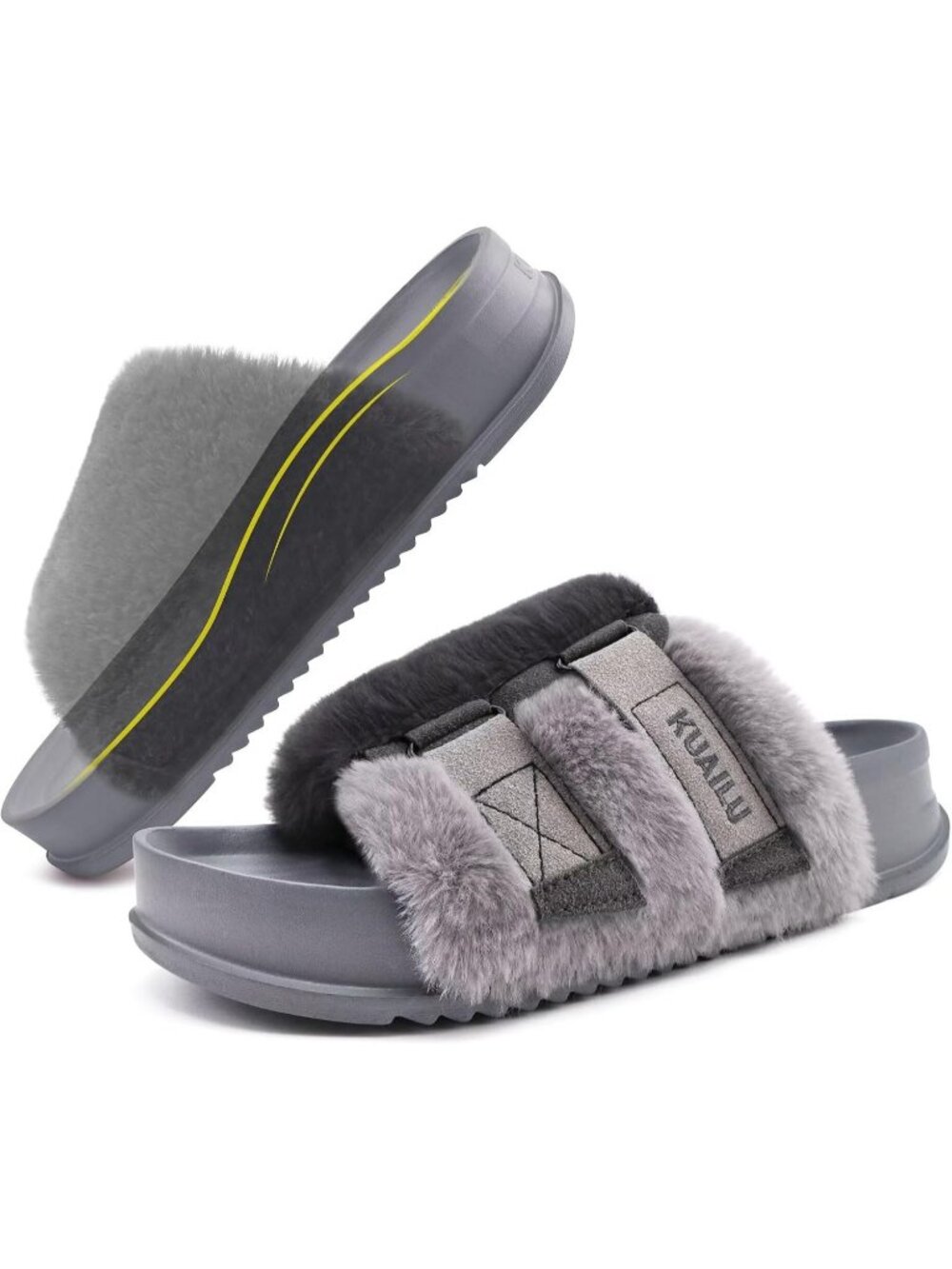 Women's Grey Soft Cushioned & Adjustable Fuzzy Faux Fur Home Slippers Slides